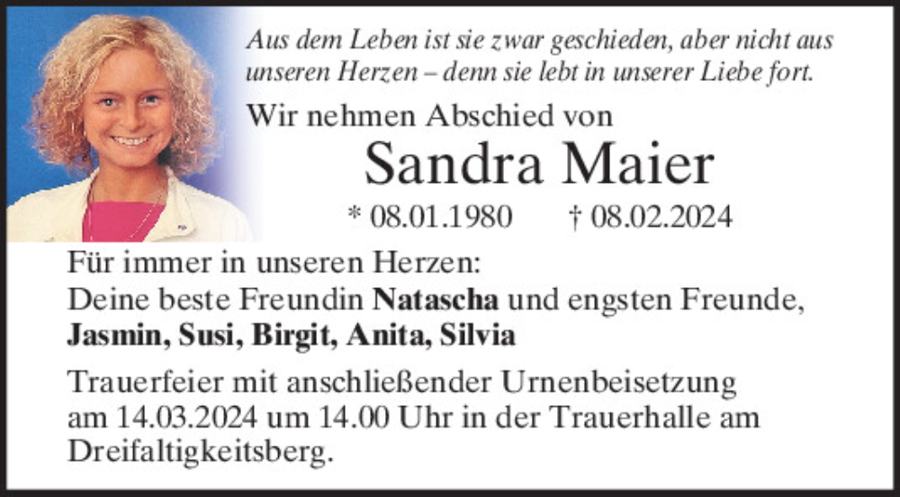  Traueranzeige für Sandra Maier vom 09.03.2024 aus Mittelbayerische Zeitung Regensburg