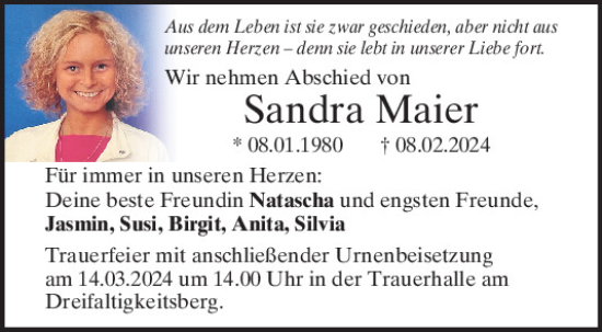 Traueranzeige von Sandra Maier von Mittelbayerische Zeitung Regensburg