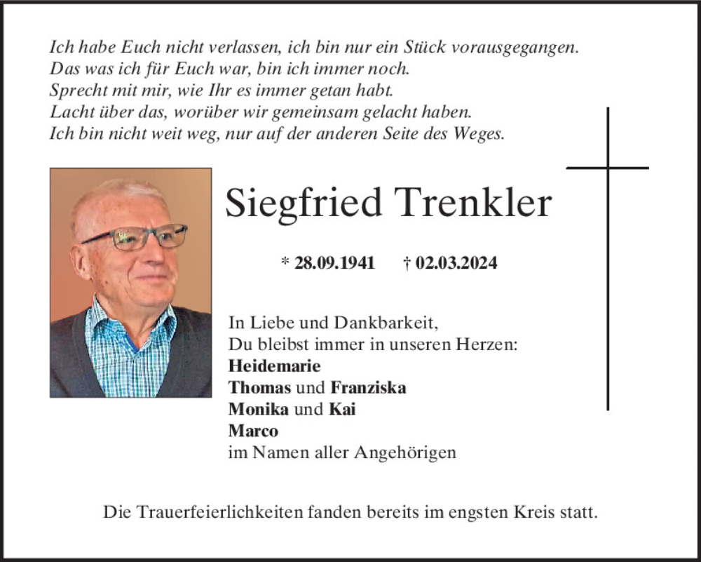  Traueranzeige für Siegfried Trenkler vom 09.03.2024 aus Mittelbayerische Zeitung Regensburg