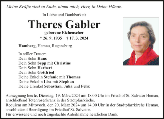 Traueranzeige von Theres Gabler von Mittelbayerische Zeitung Regensburg