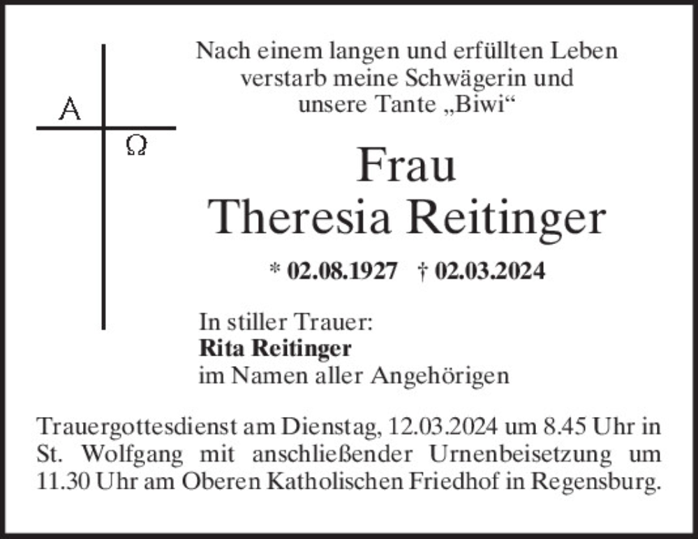  Traueranzeige für Theresia Reitinger vom 09.03.2024 aus Mittelbayerische Zeitung Regensburg