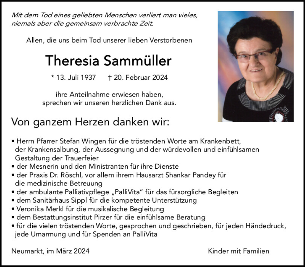  Traueranzeige für Theresia Sammüller vom 30.03.2024 aus Neumarkter Tagblatt