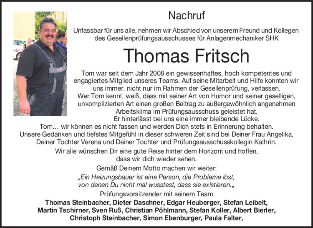  Traueranzeige für Thomas Fritsch vom 16.03.2024 aus Mittelbayerische Zeitung Regensburg und Schwandorf