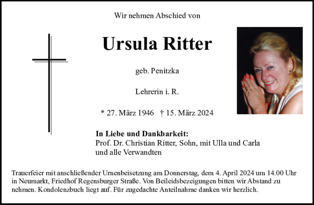  Traueranzeige für Ursula Ritter vom 30.03.2024 aus Neumarkter Tagblatt