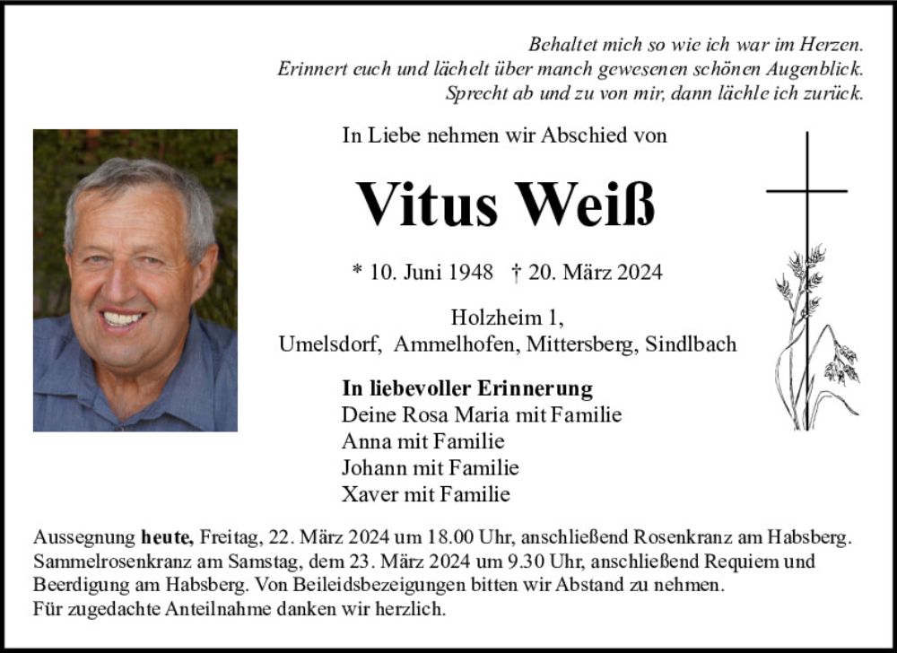  Traueranzeige für Vitus Weiß vom 22.03.2024 aus Neumarkter Tagblatt
