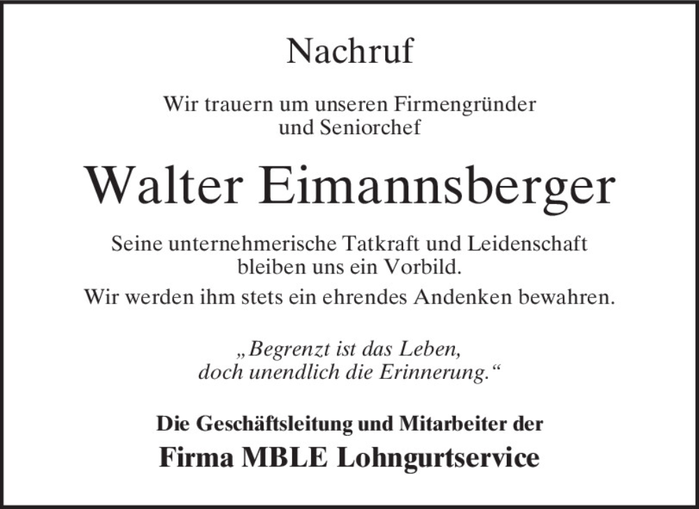  Traueranzeige für Walter Eimannsberger vom 02.03.2024 aus Mittelbayerische Zeitung Regensburg
