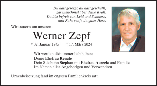 Traueranzeige von Werner Zepf von Mittelbayerische Zeitung Kelheim