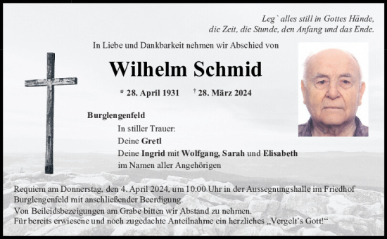 Traueranzeige von Wilhelm Schmid von Mittelbayerische Zeitung Schwandorf