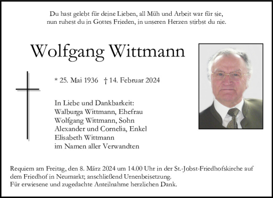 Traueranzeige von Wolfgang Wittmann von Neumarkter Tagblatt
