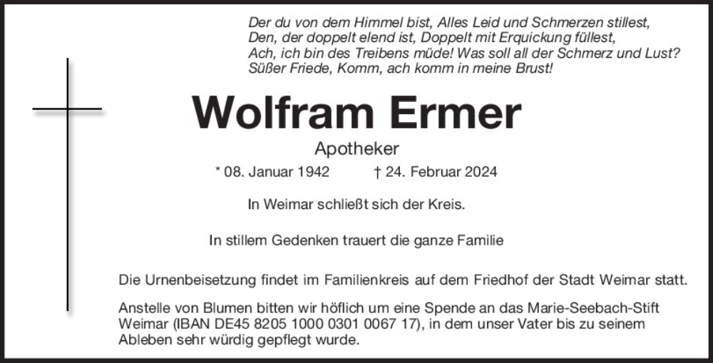  Traueranzeige für Wolfram Ermer vom 09.03.2024 aus Mittelbayerische Zeitung Kelheim