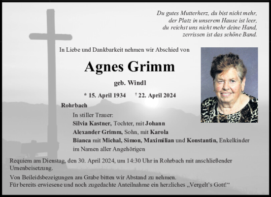 Traueranzeige von Agnes Grimm von Mittelbayerische Zeitung Regensburg