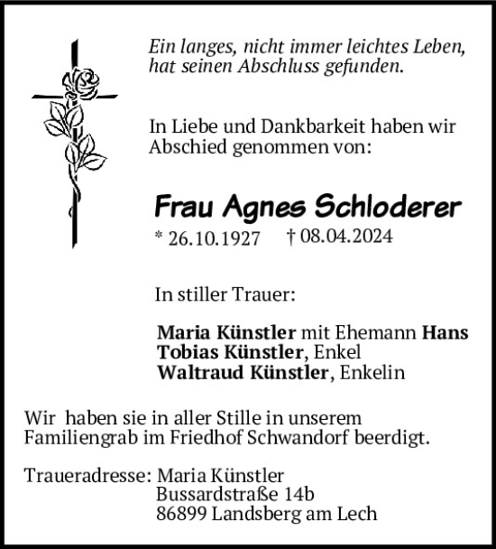 Traueranzeige von Agnes Schloderer von Mittelbayerische Zeitung Schwandorf