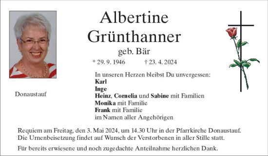 Traueranzeige von Albertine Grünthanner von Mittelbayerische Zeitung Regensburg