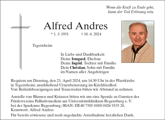 Traueranzeige von Alfred Andres von Mittelbayerische Zeitung Regensburg