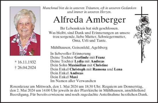 Traueranzeige von Alfreda Amberger von Mittelbayerische Zeitung Kelheim