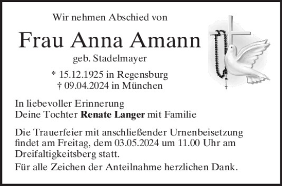 Traueranzeige von Anna Amann von Mittelbayerische Zeitung Regensburg