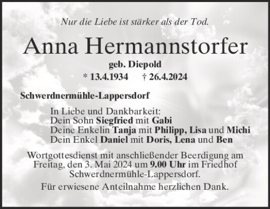 Traueranzeige von Anna Hermannstorfer von Mittelbayerische Zeitung Regensburg