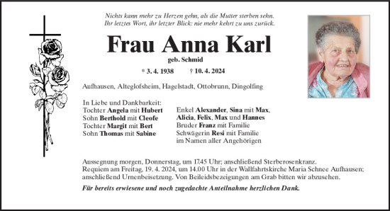 Traueranzeige von Anna Karl von Mittelbayerische Zeitung Regensburg