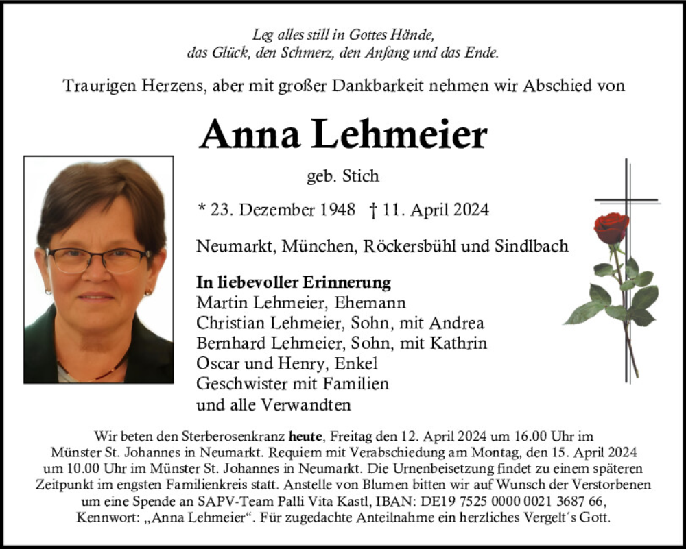  Traueranzeige für Anna Lehmeier vom 12.04.2024 aus Neumarkter Tagblatt