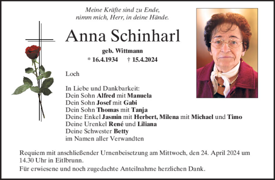 Traueranzeige von Anna Schinharl von Mittelbayerische Zeitung Regensburg