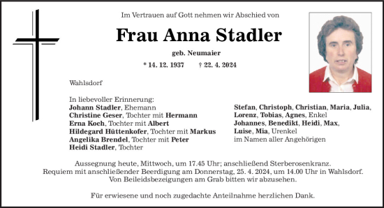 Traueranzeige von Anna Stadler von Mittelbayerische Zeitung Regensburg