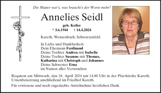 Traueranzeige von Annelies Seidl von Mittelbayerische Zeitung Regensburg