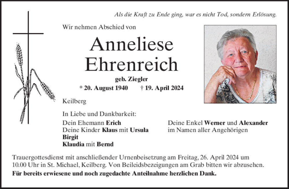  Traueranzeige für Anneliese Ehrenreich vom 23.04.2024 aus Mittelbayerische Zeitung Regensburg