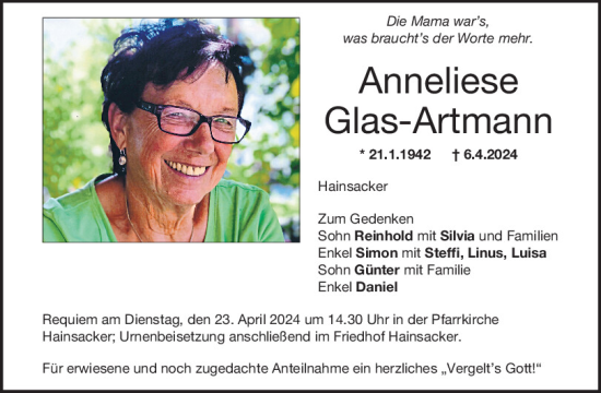 Traueranzeige von Anneliese Glas-Artmann von Mittelbayerische Zeitung Regensburg