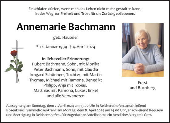 Traueranzeige von Annemarie Bachmann von Neumarkter Tagblatt