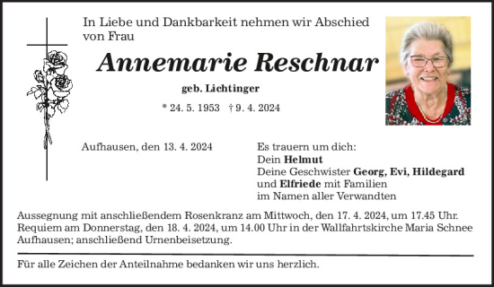 Traueranzeige von Annemarie Reschnar von Mittelbayerische Zeitung Regensburg