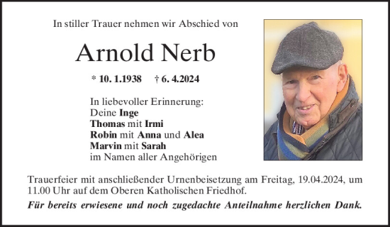 Traueranzeige von Arnold Nerb von Mittelbayerische Zeitung Regensburg
