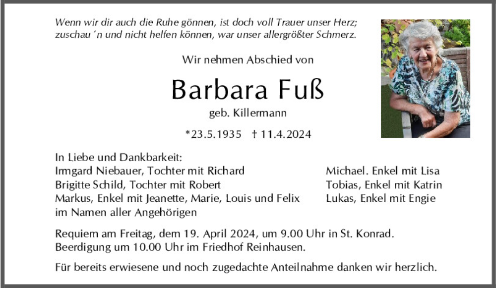  Traueranzeige für Barbara Fuß vom 13.04.2024 aus Mittelbayerische Zeitung Regensburg