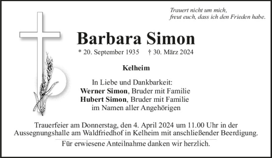 Traueranzeige von Barbara Simon von Mittelbayerische Zeitung Kelheim