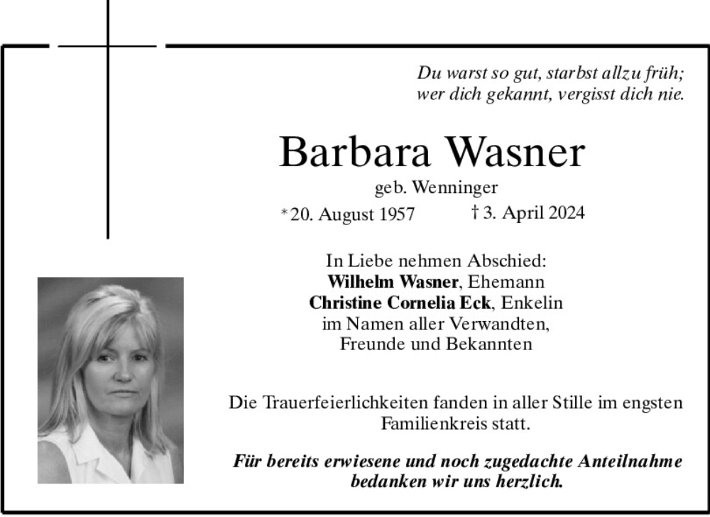  Traueranzeige für Barbara Wasner vom 20.04.2024 aus Mittelbayerische Zeitung Regensburg