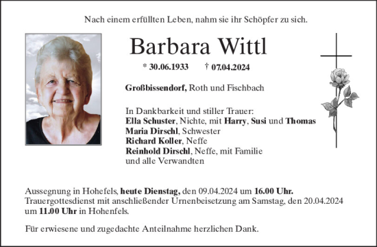 Traueranzeige von Barbara Wittl von Neumarkter Tagblatt