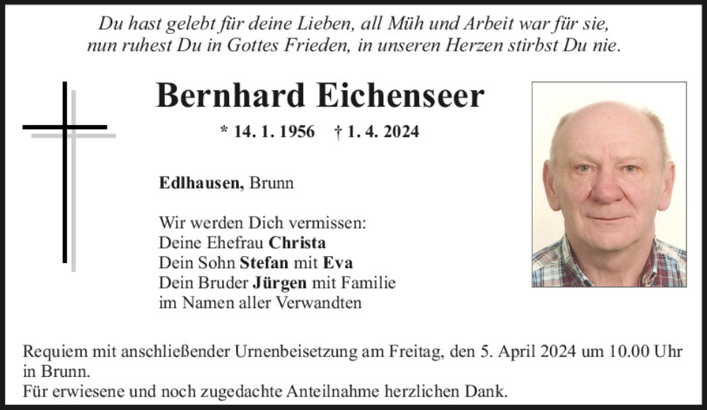  Traueranzeige für Bernhard Eichenseer vom 04.04.2024 aus Mittelbayerische Zeitung Regensburg