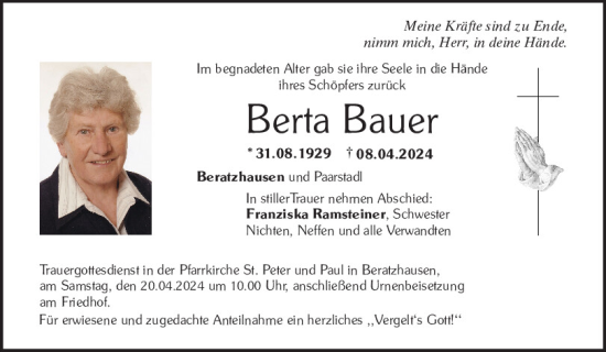 Traueranzeige von Berta Bauer von Mittelbayerische Zeitung Regensburg