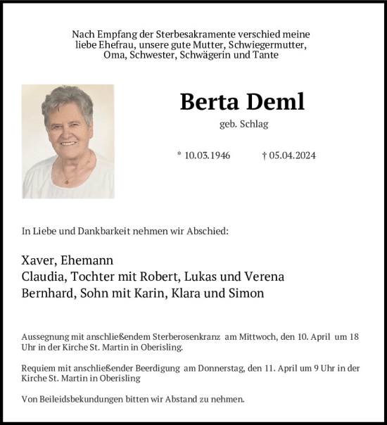 Traueranzeige von Berta Deml von Mittelbayerische Zeitung Regensburg