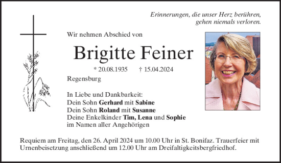 Traueranzeige von Brigitte Feiner von Mittelbayerische Zeitung Regensburg