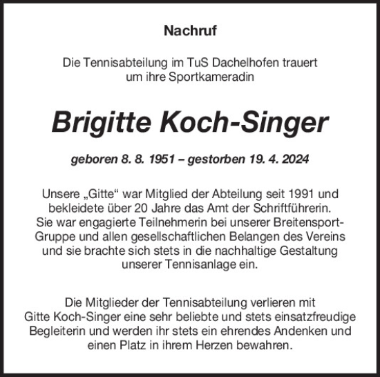 Traueranzeige von Brigitte Koch-Singer von Mittelbayerische Zeitung Schwandorf