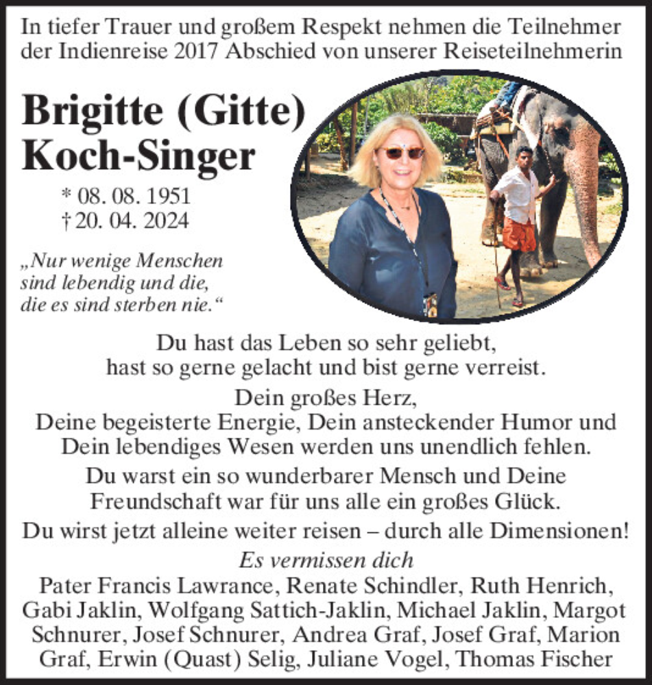  Traueranzeige für Brigitte Koch-Singer vom 23.04.2024 aus Mittelbayerische Zeitung Schwandorf