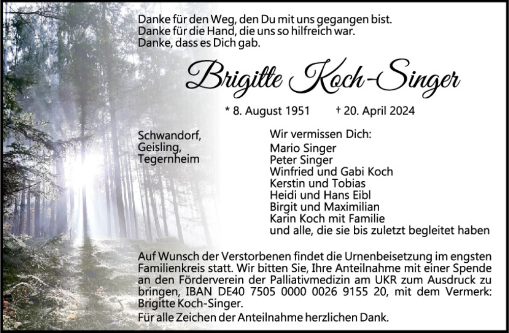  Traueranzeige für Brigitte Koch-Singer vom 27.04.2024 aus Mittelbayerische Zeitung Schwandorf