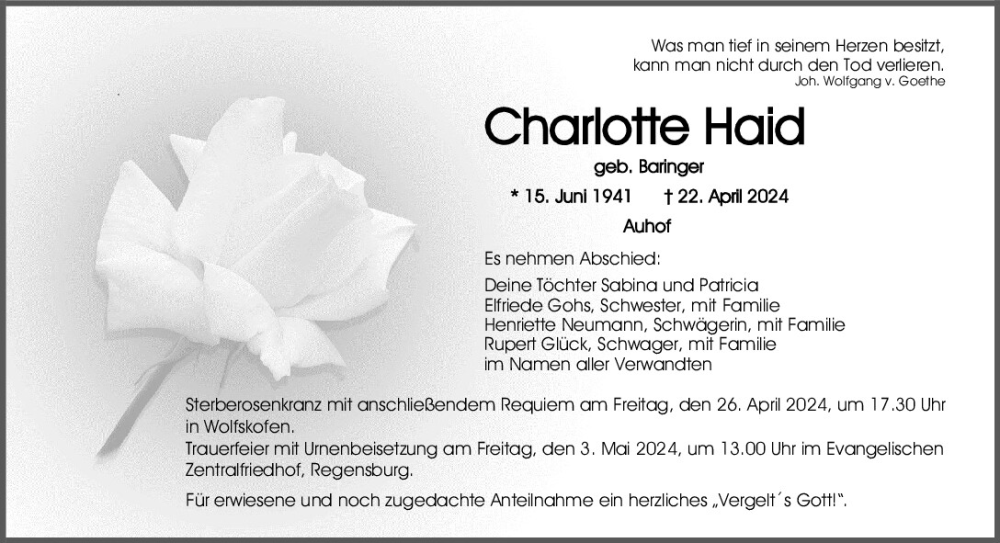  Traueranzeige für Charlotte Haid vom 25.04.2024 aus Mittelbayerische Zeitung Regensburg