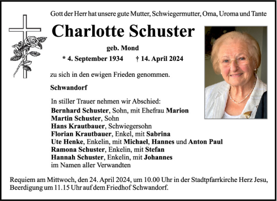 Traueranzeige von Charlotte Schuster von Mittelbayerische Zeitung Schwandorf
