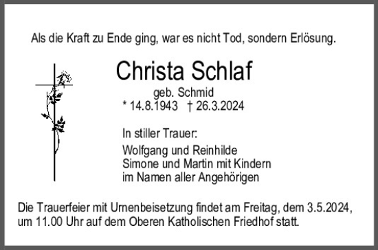 Traueranzeige von Christa Schlaf von Mittelbayerische Zeitung Regensburg