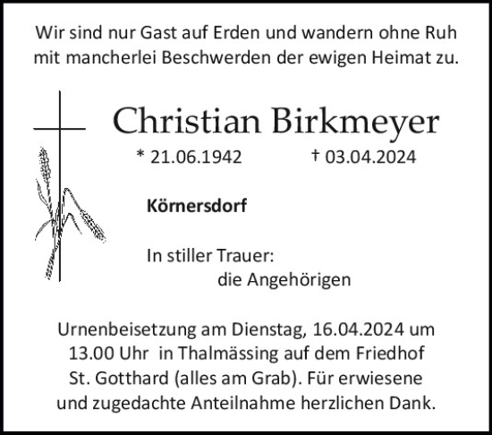 Traueranzeige von Christian Birkmeyer von Neumarkter Tagblatt