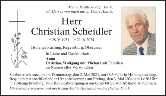 Traueranzeige von Christian Scheidler von Mittelbayerische Zeitung Regensburg