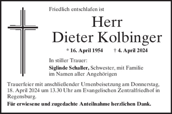 Traueranzeige von Dieter Kolbinger von Mittelbayerische Zeitung Regensburg