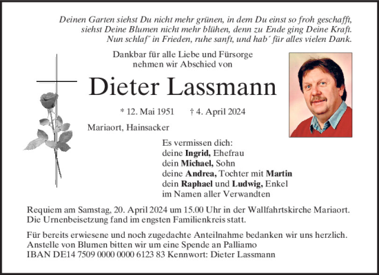 Traueranzeige von Dieter Lassmann von Mittelbayerische Zeitung Regensburg