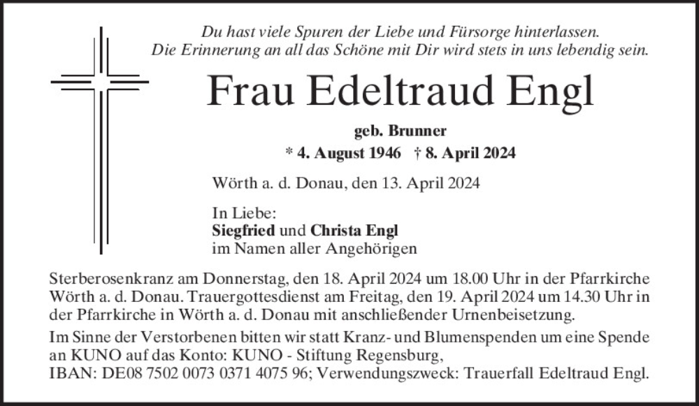  Traueranzeige für Edeltraud Engl vom 13.04.2024 aus Mittelbayerische Zeitung Regensburg
